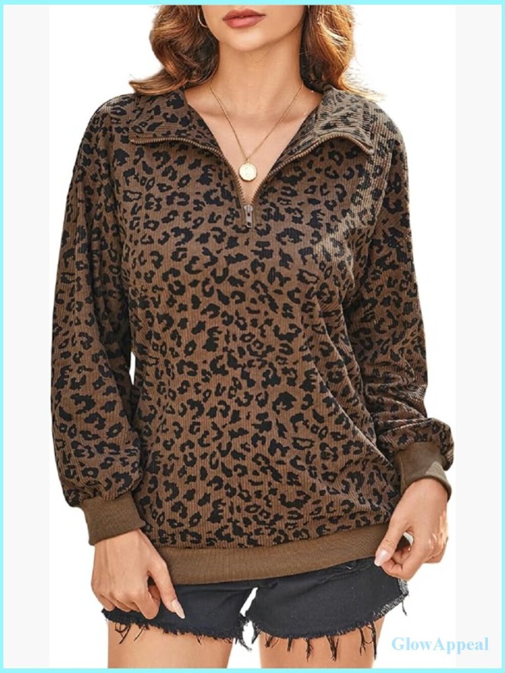 Leopard Print Quarter Zip Pullover Sweatshirt Long Sleeve Loose Fit